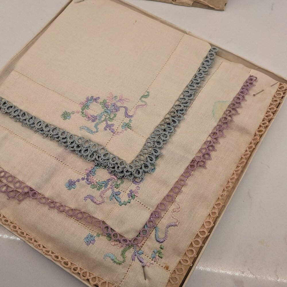 Vintage linen handkerchiefs with original box Cottagecore Coquette Bridal